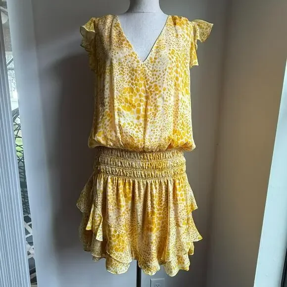 Ramy Brook Yellow Silk Ruffled Smocked Mini Sundress Size XL